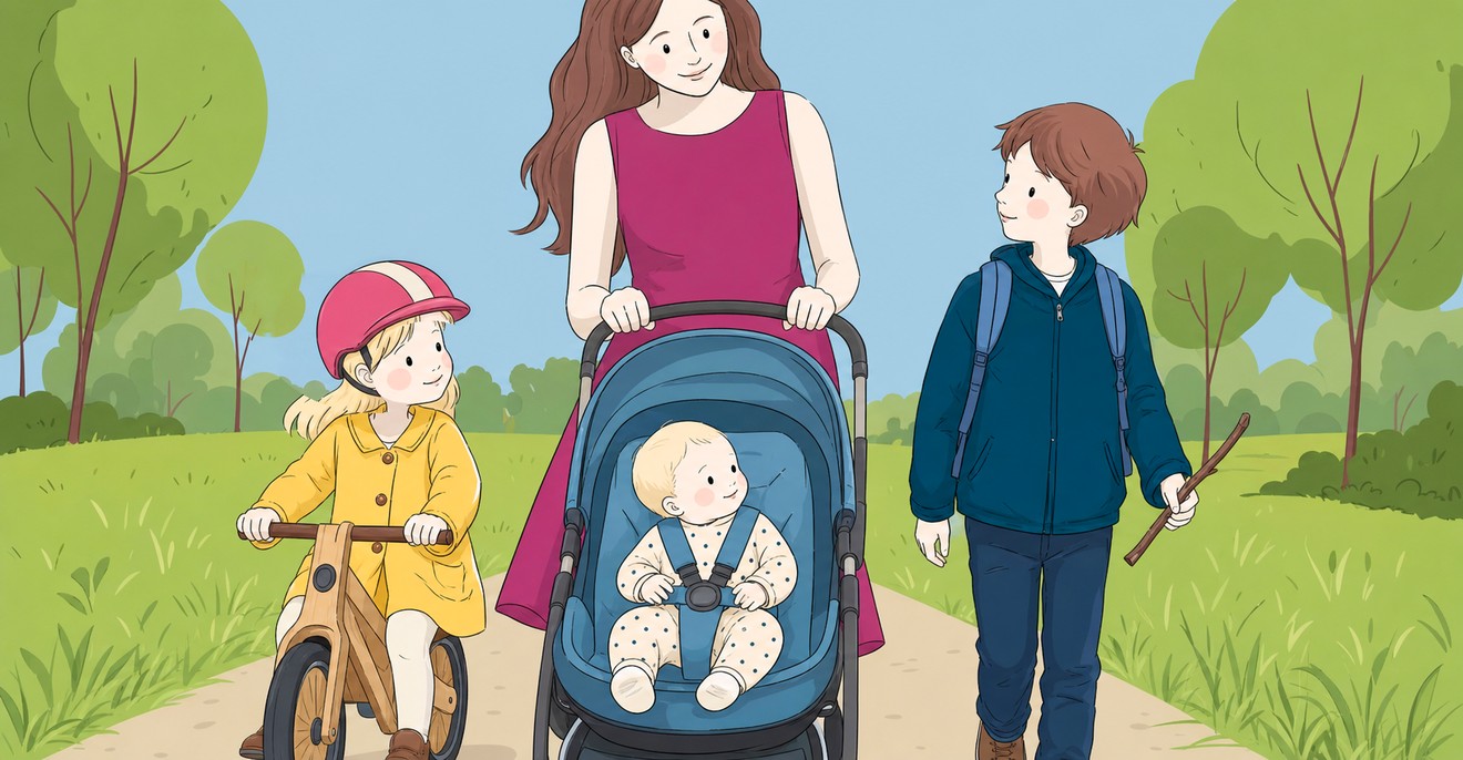 Ilustrace: maminka
         veze kočárek s miminkem, vedle ní jede holčička na odrážedle a jde školák s batohem