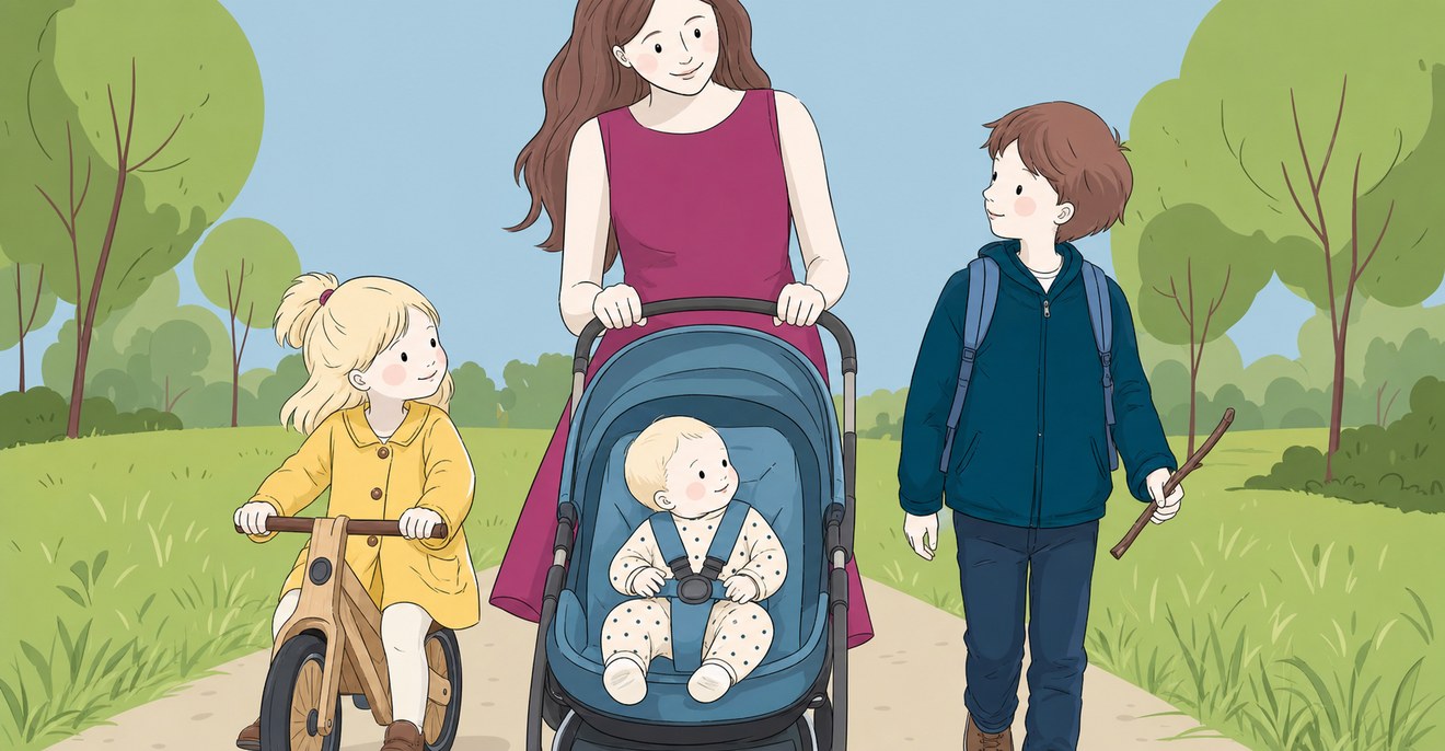 Ilustrace: maminka
         veze kočárek s miminkem, vedle ní jede holčička na odrážedle a jde školák s batohem